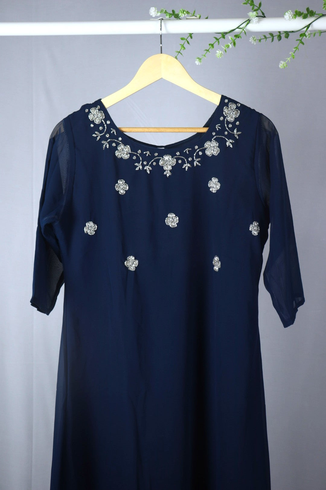 Teal Blue Georgette A-Line Kurti with Yoke Work