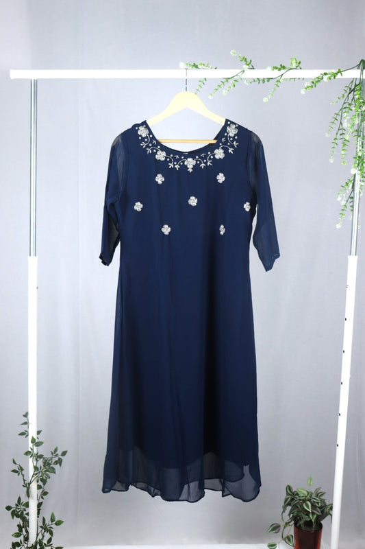 Teal Blue Georgette A-Line Kurti with Yoke Work