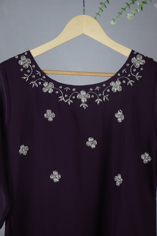 Wine Georgette A-Line Kurti with Yoke Work