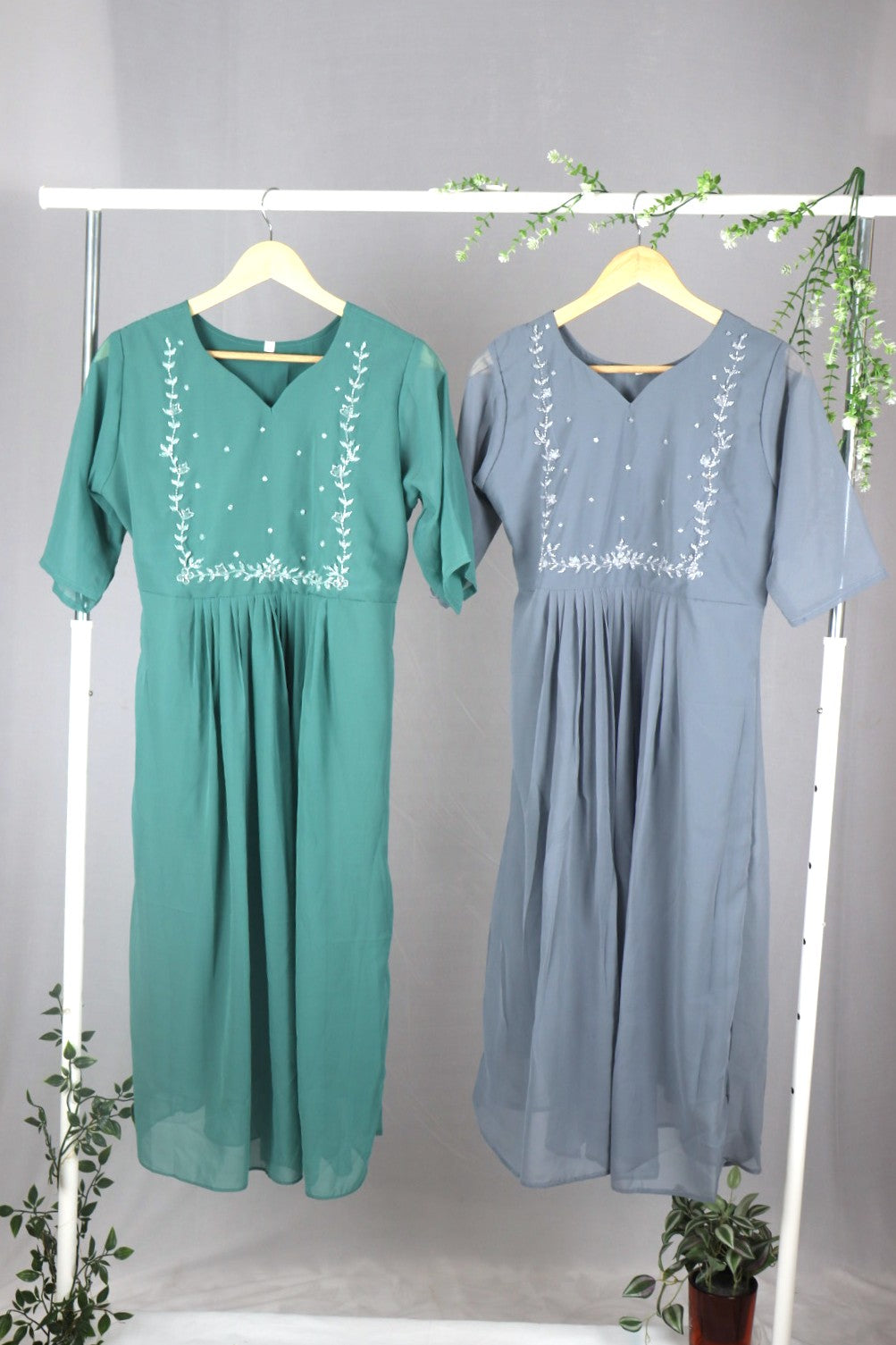 Light Grey Georgette A-Line Kurti with Yoke Bead Work