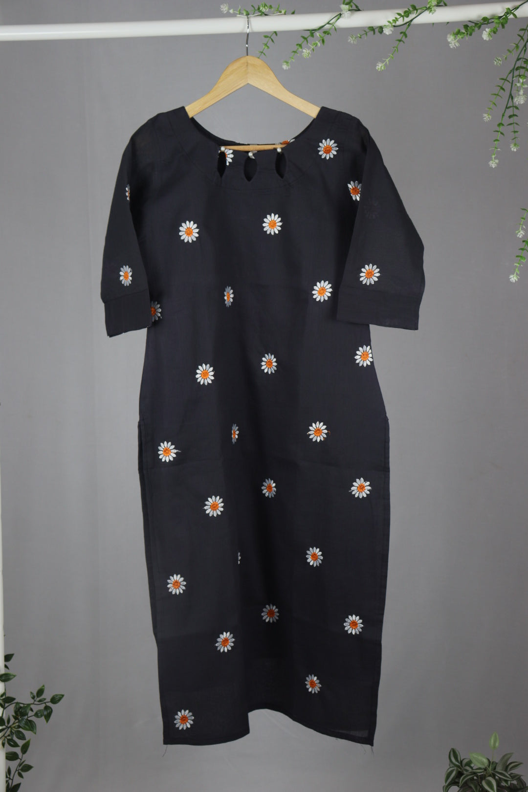 Dark Grey Cotton Straight-Cut Kurti with Floral Motifs