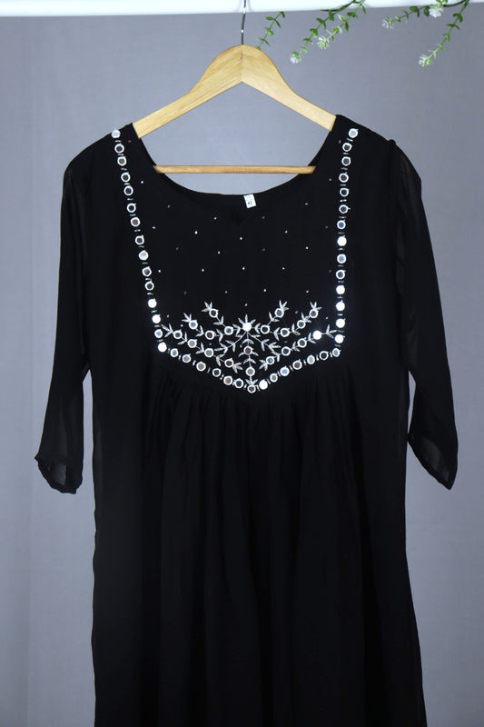 Black Georgette A-Line Kurti with Yoke Mirror Work (Dupatta Included)