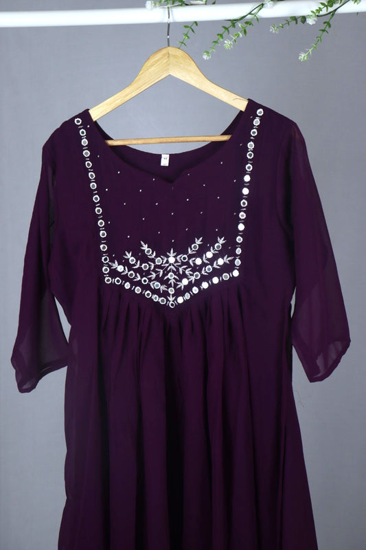 Wine Georgette A-Line Kurti with Yoke Mirror Work (Dupatta Included)