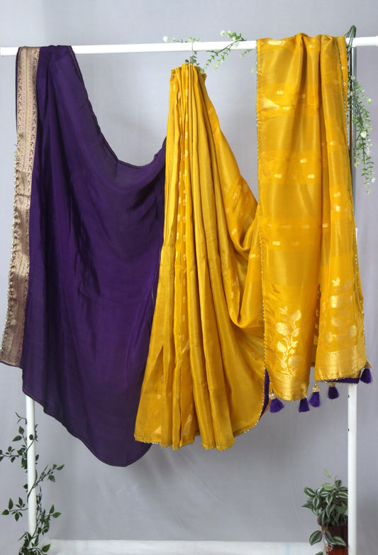 Yellow Dola Crepe silk designer Saree (tissue lines)
