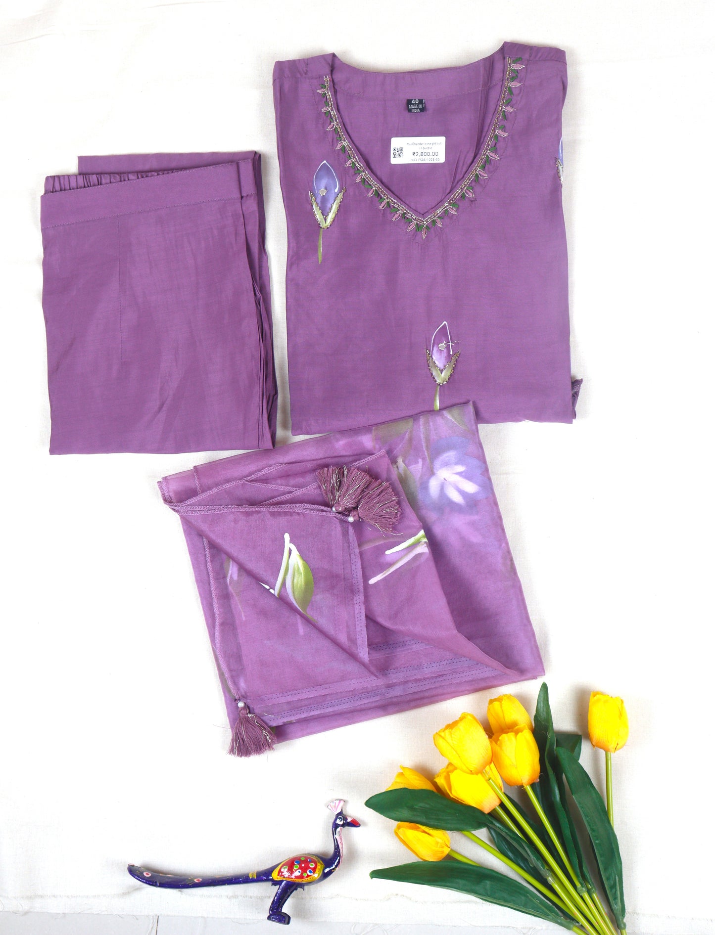 Mul Chanderi straight cut kurti Set with Hand Paint and work - Purple