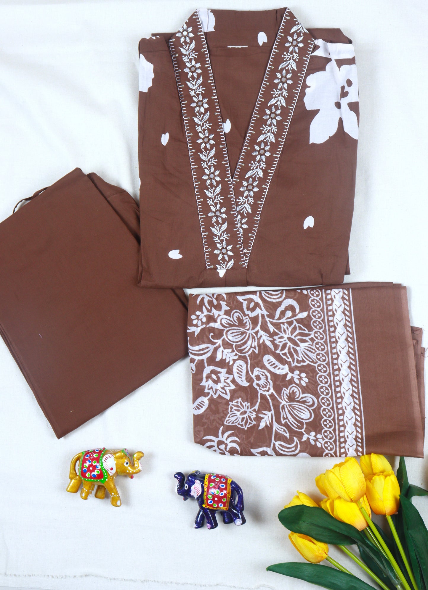 Cotton A-line kurti set with neckline embroidery - Brown