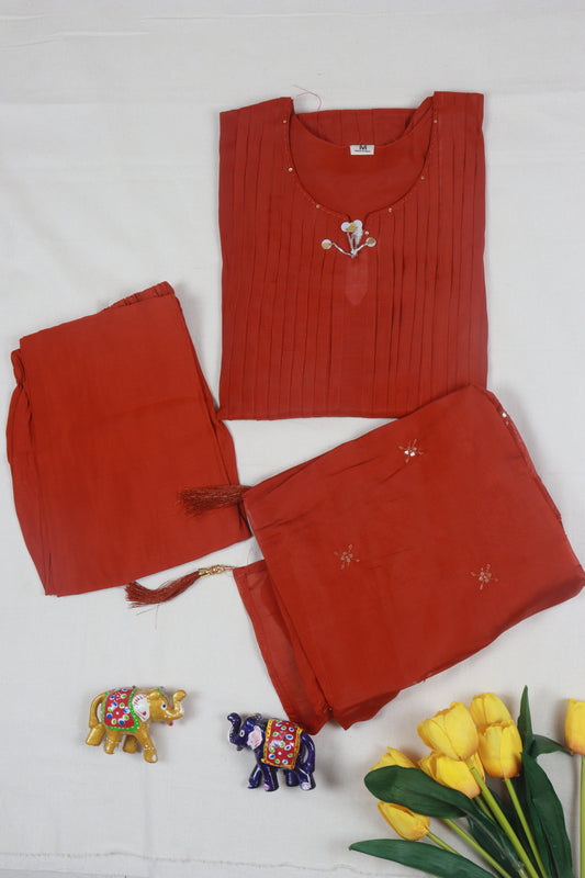 Mul Chanderi A-line Kurti Set with all over flower buttis - Rust Orange