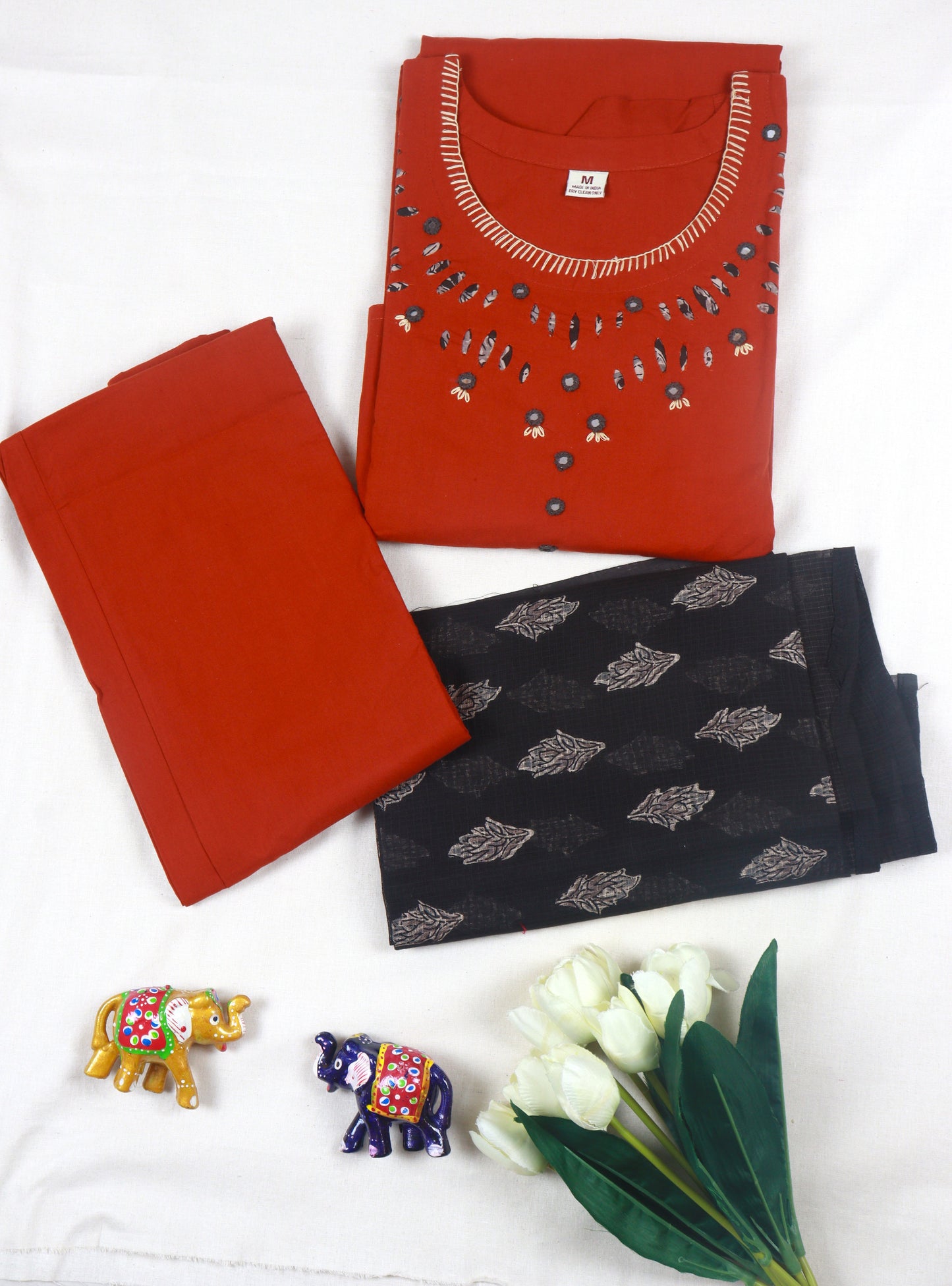 Cotton A-line Kurti Set & Contrast Kota Dupatta -Rust Orange