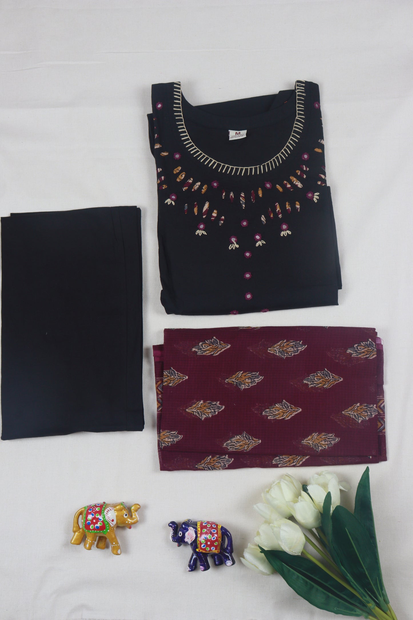 Cotton A-line Kurti Set with contrast Kota Dupatta - Black