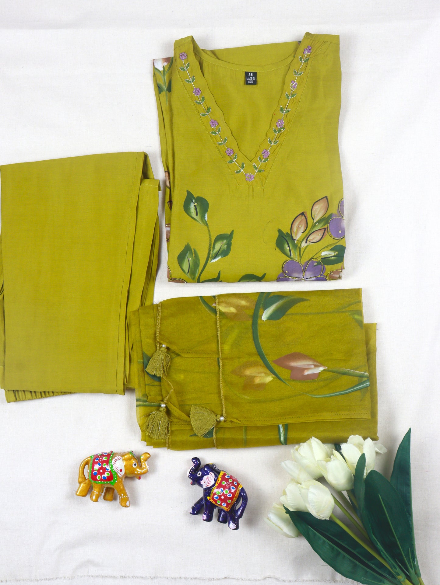 Mul Chanderi straight cut kurti Set with Hand Paint and work - Mehendi Green
