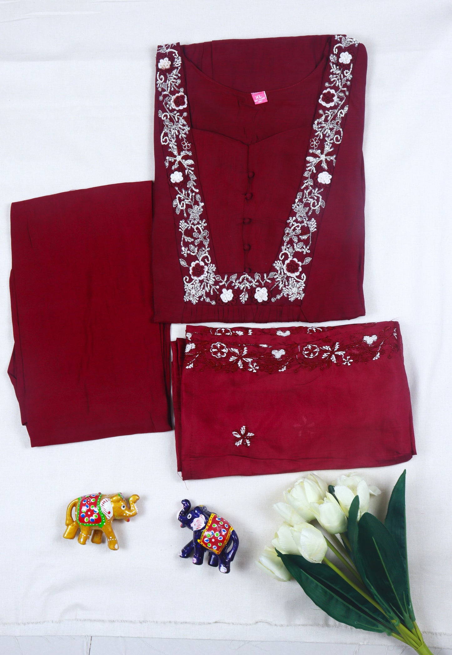 Mul chanderi A-line kurti set with yoke work - Burgandy