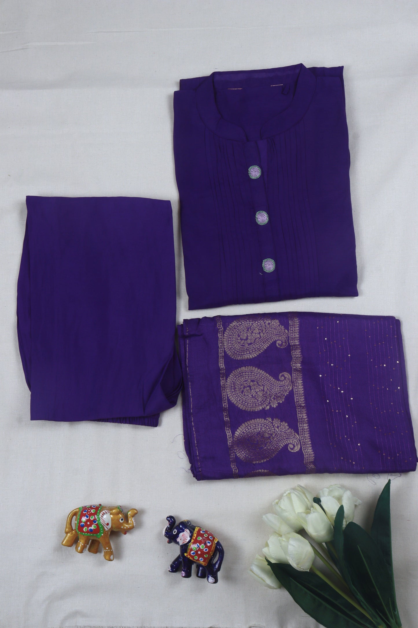 Chanderi cotton A-Line kurti Set with thread embroidery - Purple