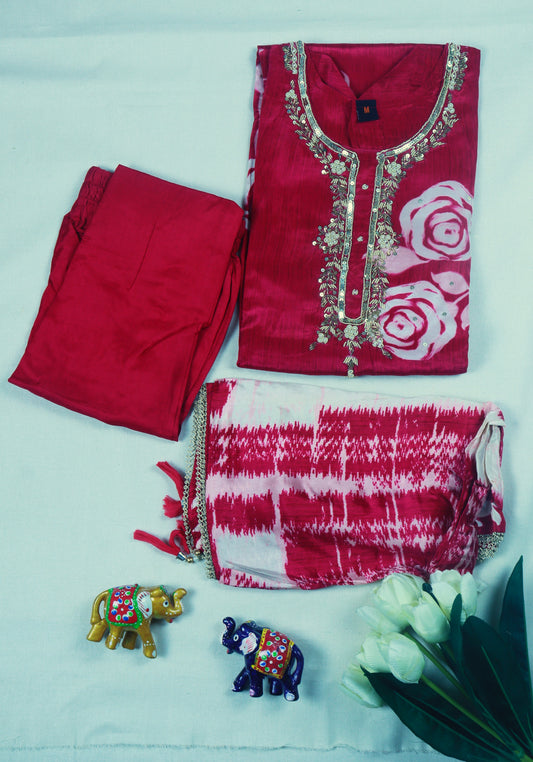 Pure Crepe printed Straight cut kurti set with Yoke work - Deep Pink