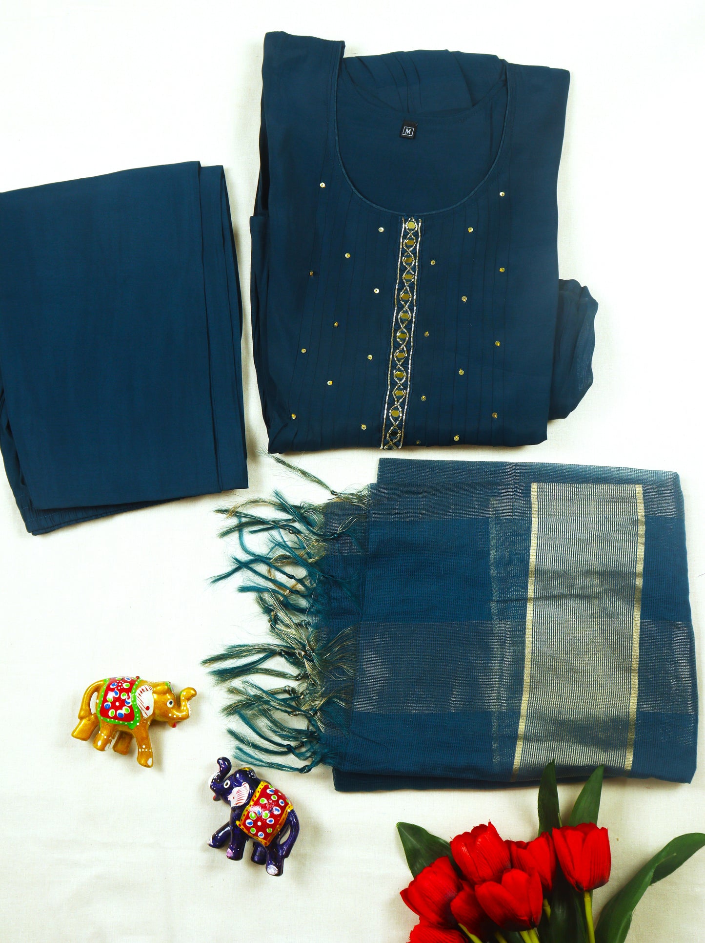 Mul chanderi A-line kurti set with yoke & sleeves work - Deep Teal Blue