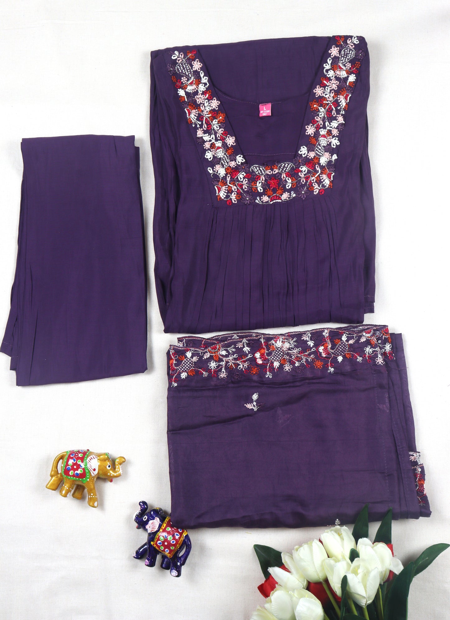 Mul chanderi A -line kurti Set with yoke & duppata work - Dusty Purple