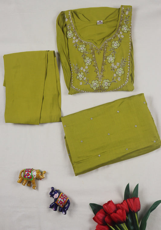 Mul Chanderi A-line Kurti Set with Yoke work - Mehendi Green