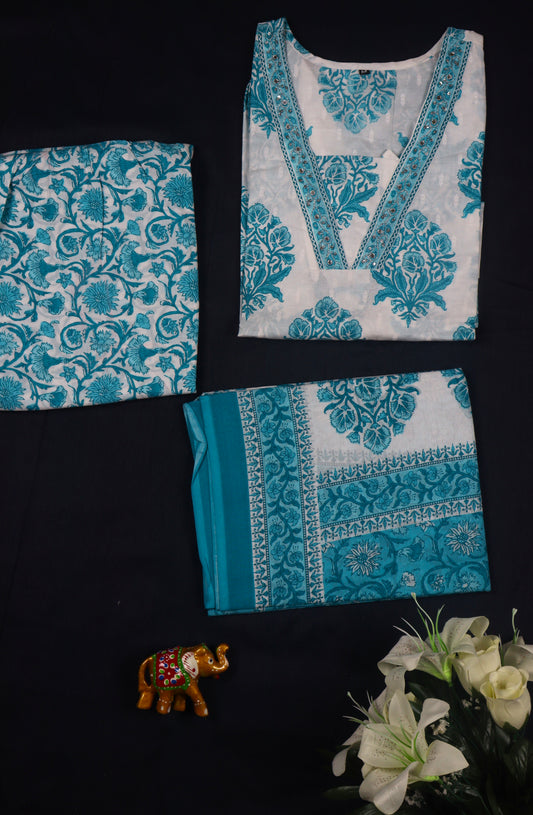 Jaipur cotton printed Straight cut kurti Set - White & Blue
