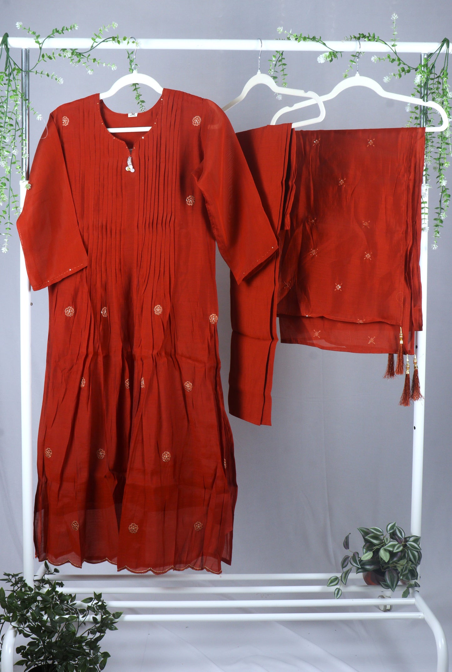 Mul Chanderi A-line Kurti Set with all over flower buttis - Rust Orange