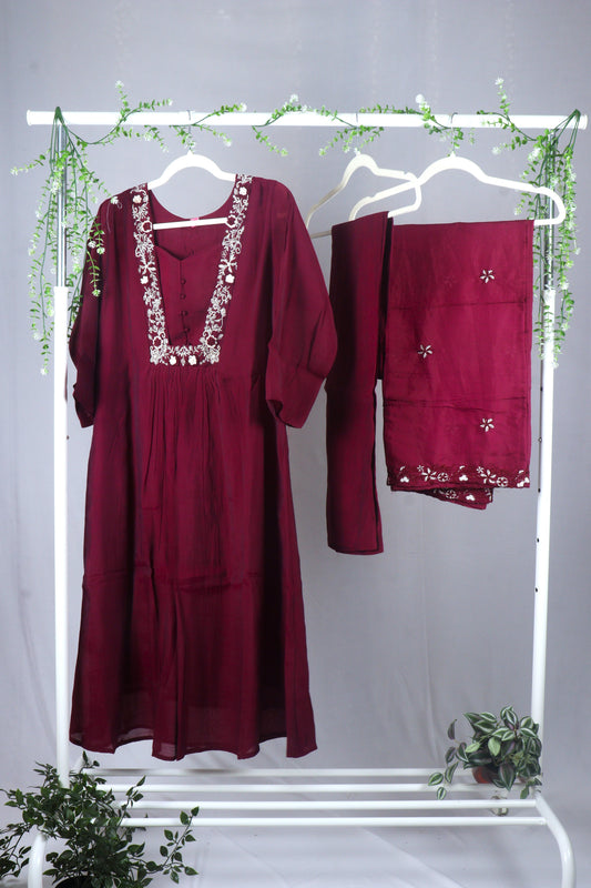 Mul chanderi A-line kurti set with yoke work - Burgandy