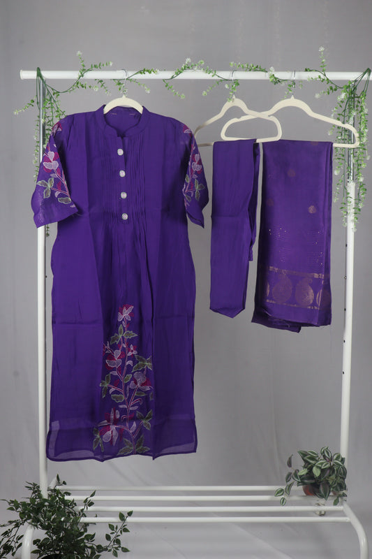 Chanderi cotton A-Line kurti Set with thread embroidery - Purple