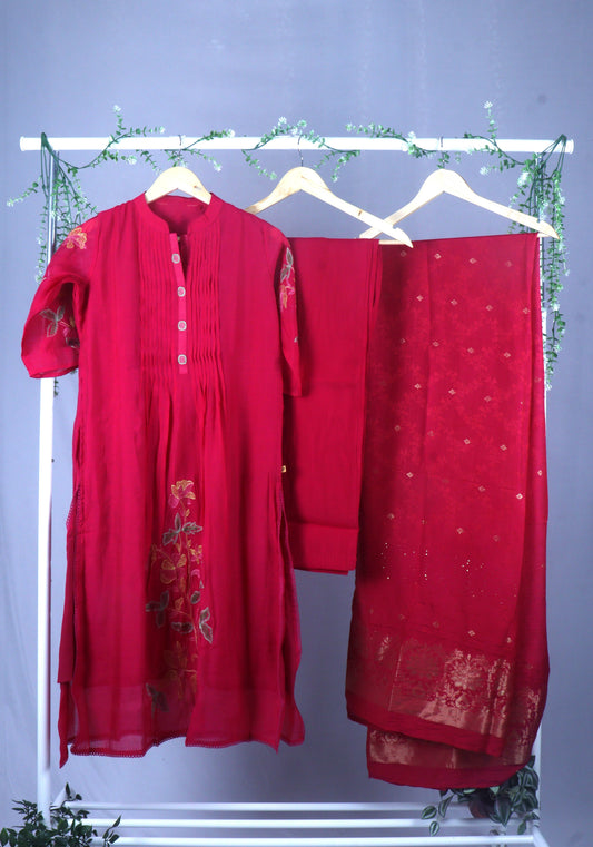 Chanderi Cotton A-Line kurti Set with Thread Embroidery - Pink