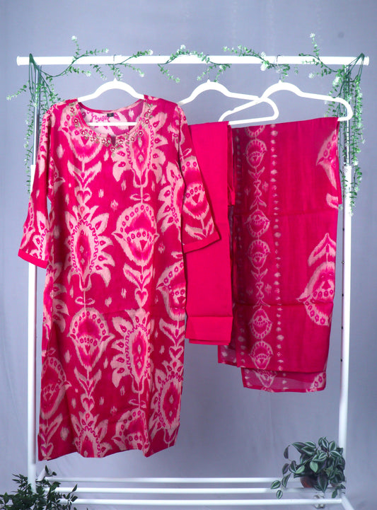 Mul chanderi printed Straight cut kurti Set with yoke work - Pink