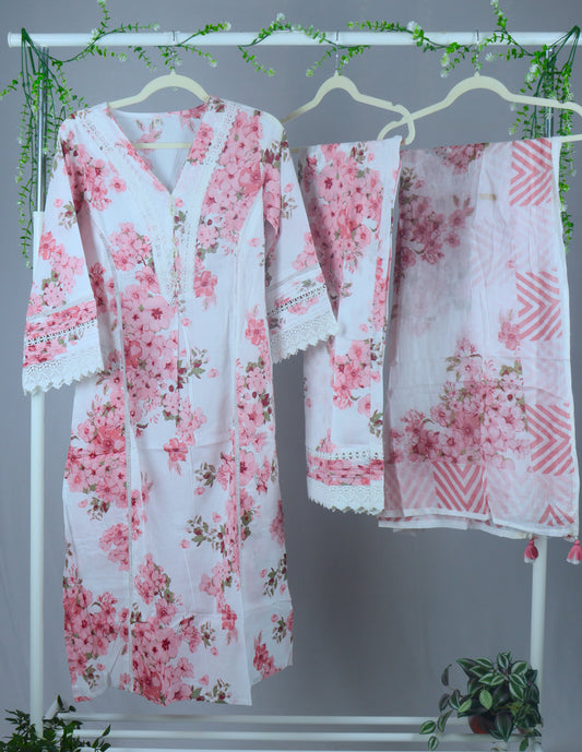Premium cotton printed Straight cut Kurti Set with lace design
