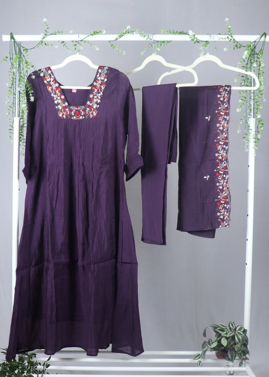 Mul chanderi A -line kurti Set with yoke & duppata work - Dusty Purple