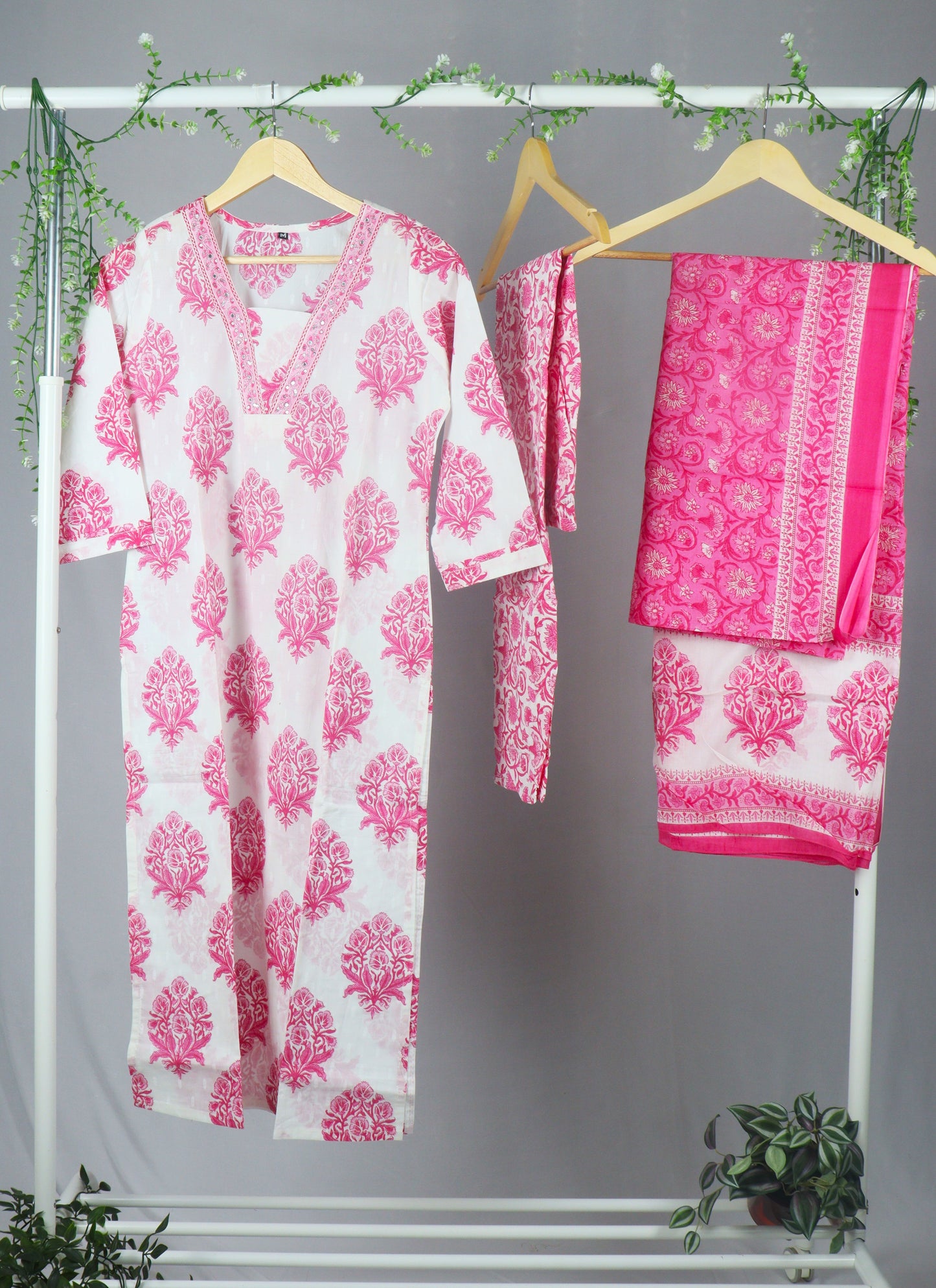 Jaipur cotton printed Straight cut kurti Set - White & Pink