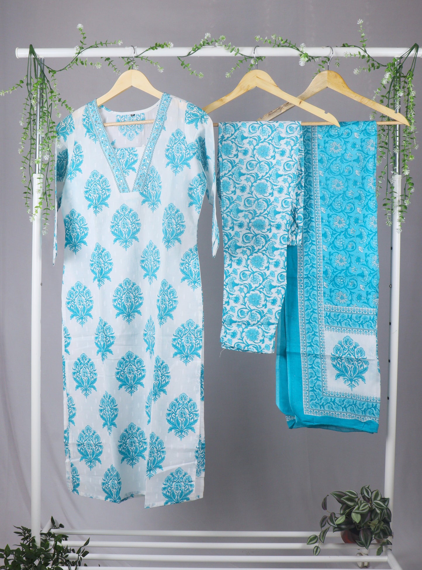 Jaipur cotton printed Straight cut kurti Set - White & Blue
