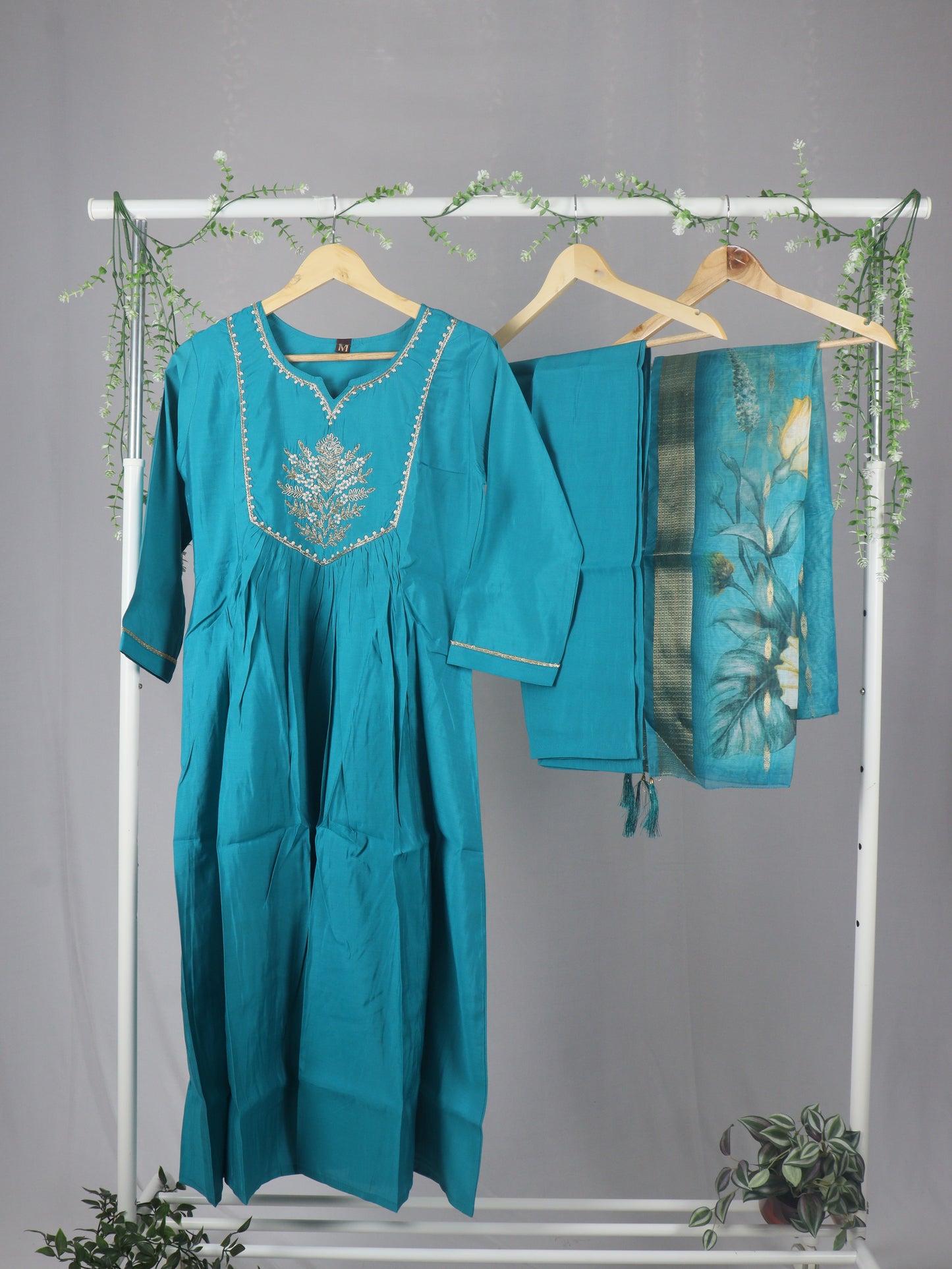 Mul Chanderi A-line Kurti Set with Yoke work - Blue