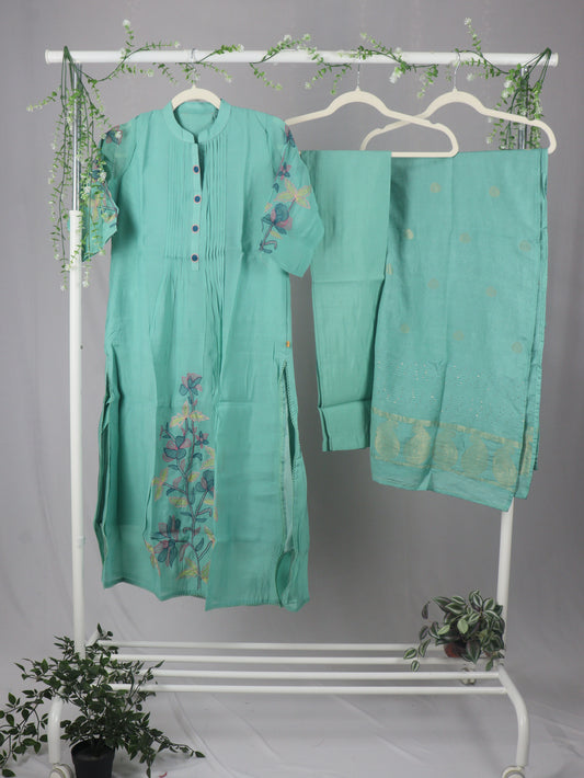 Chanderi Cotton A-Line kurti Set with Thread Embroidery - Sea Green