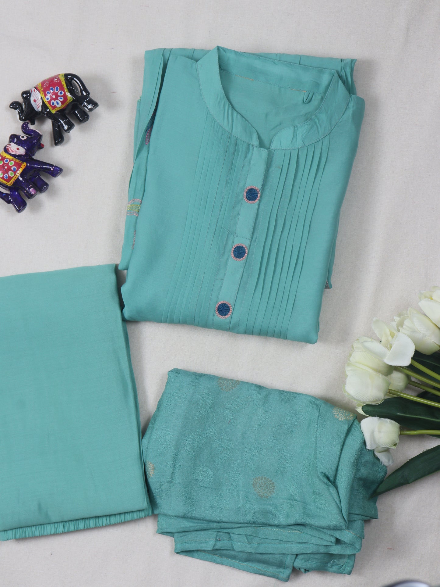 Chanderi Cotton A-Line kurti Set with Thread Embroidery - Sea Green