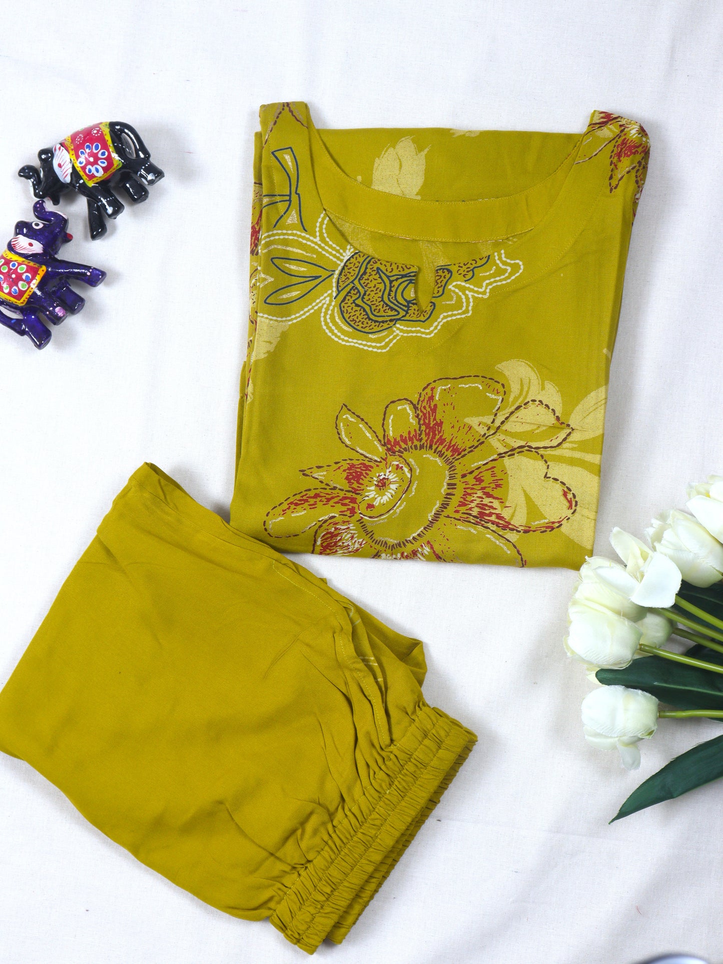Rayon Straight Cut printed Cood set - Mehendi Green