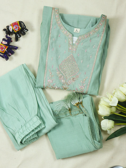 Mul chanderi Sharara kurti set with yoke & Sleeves work - Pastel Green