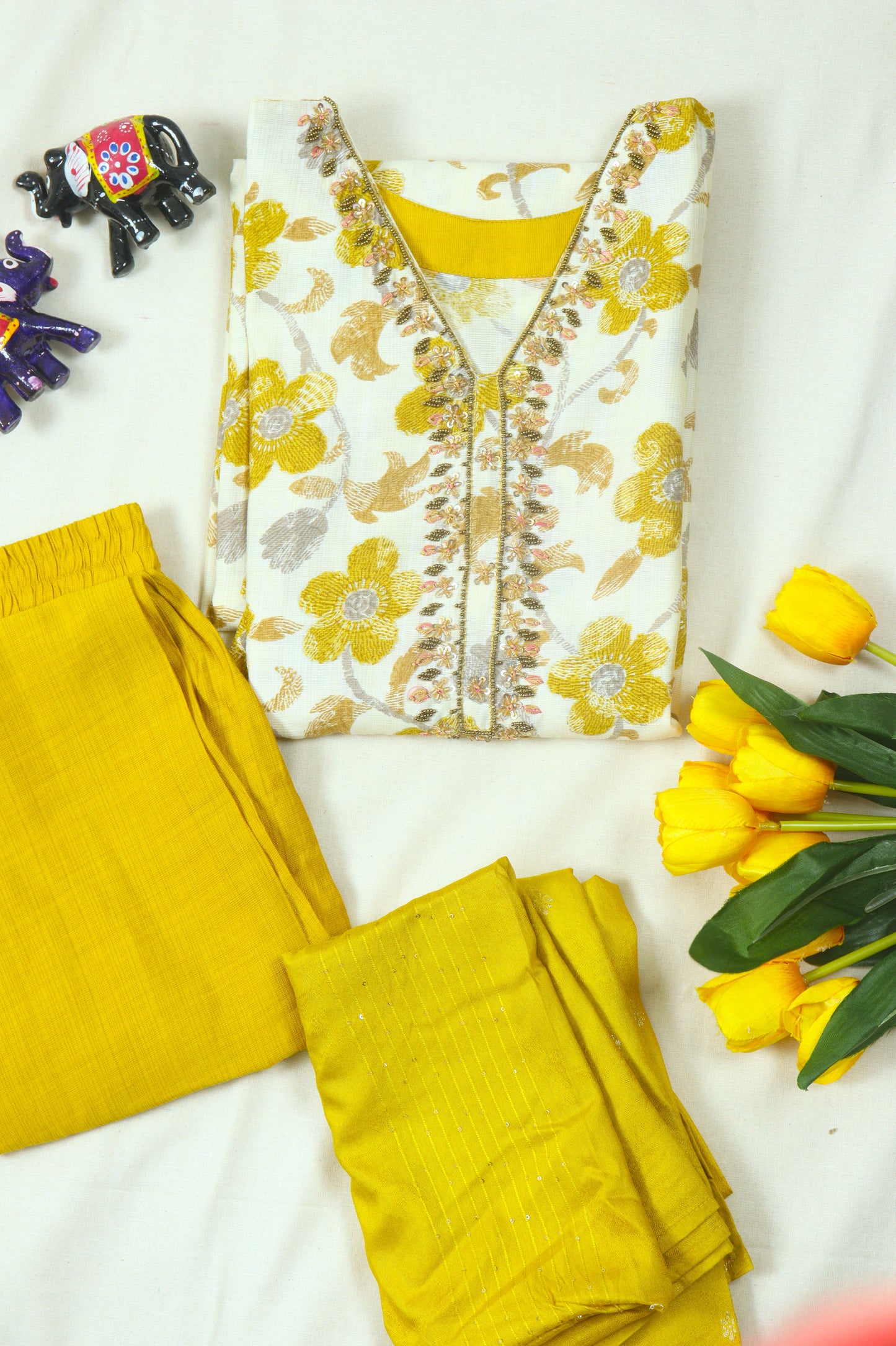 Cotton Straight cut Kurti Set with Neck line work - Cream & Yellow