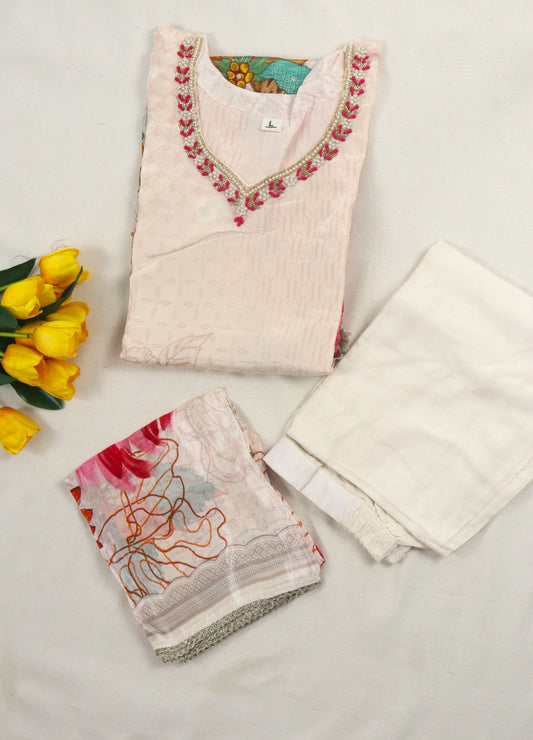 Crepe silk printed Straight cut kurti Set with neckline work - Cream
