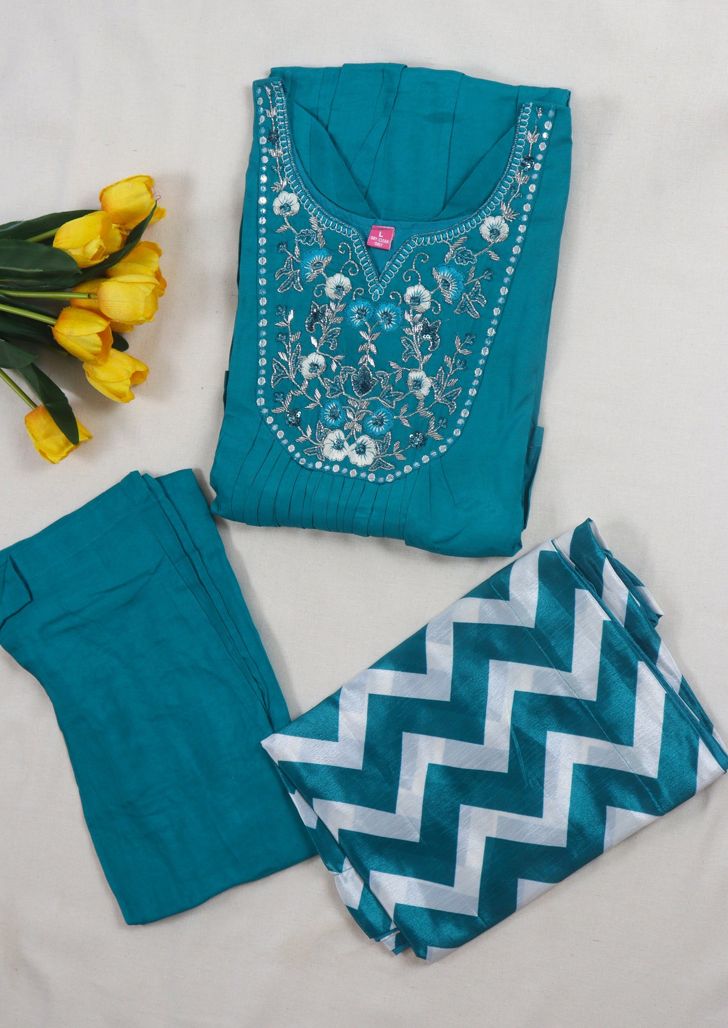 Mul chanderi A-line kurti set with yoke work - Turquoise