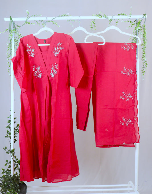 Mul Chanderi A-line kurti set with yoke work