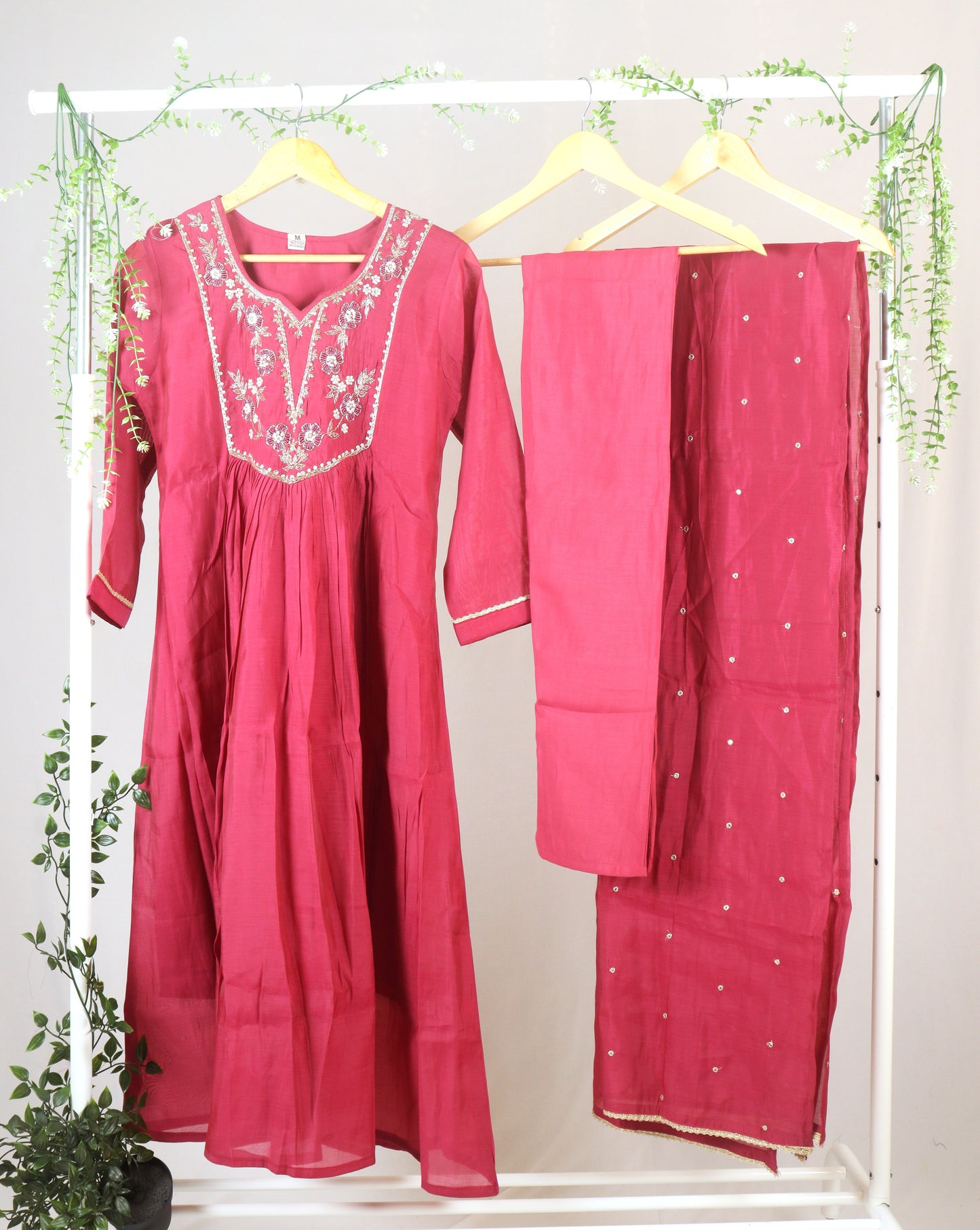 Mul chanderi A -line kurti Set with yoke work - Dusty Pink