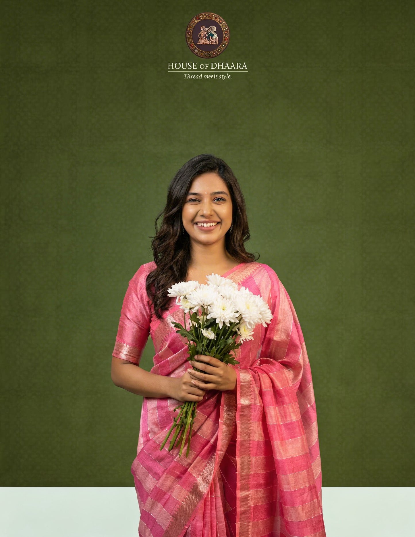 Pink Mangalagiri Multi Jute Lines Nizam border Saree