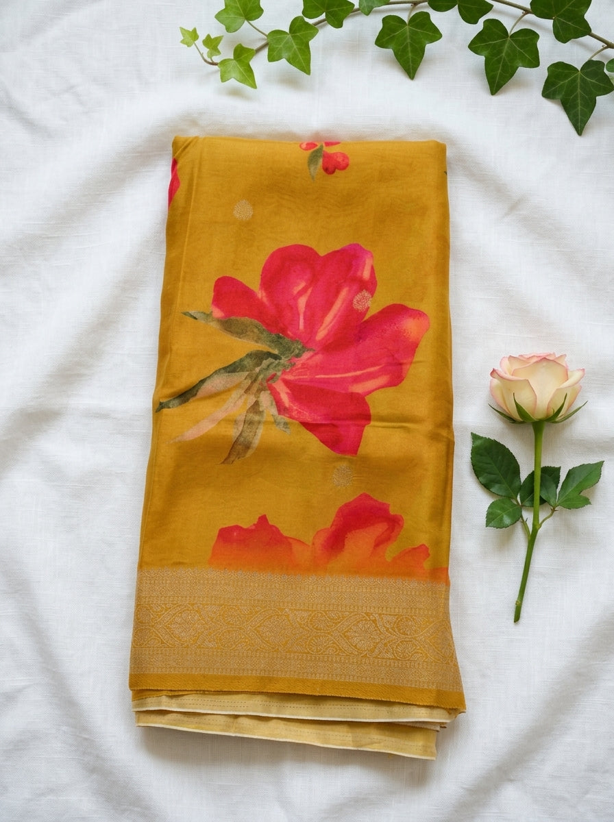Premium Floral Printed Crepe With Zari Border