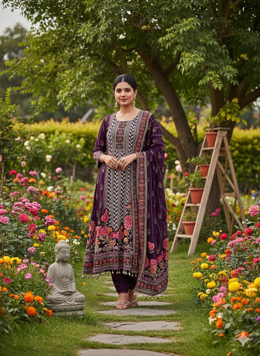 Purple Crape Fish Cut Kurti set with tassels