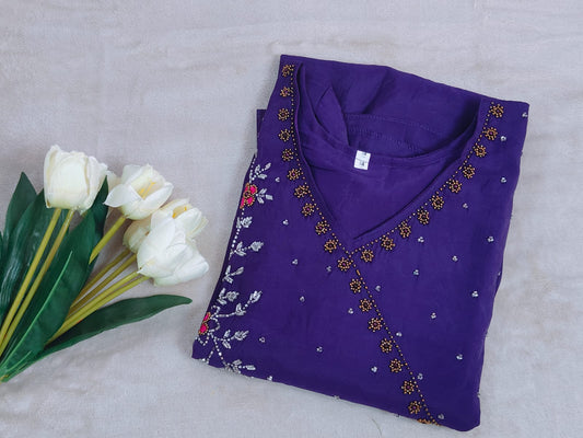 Purple Mul Chanderi Kurti with Yoke Work