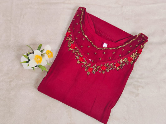 Maroon Coral Aline kurti with Jewel neck