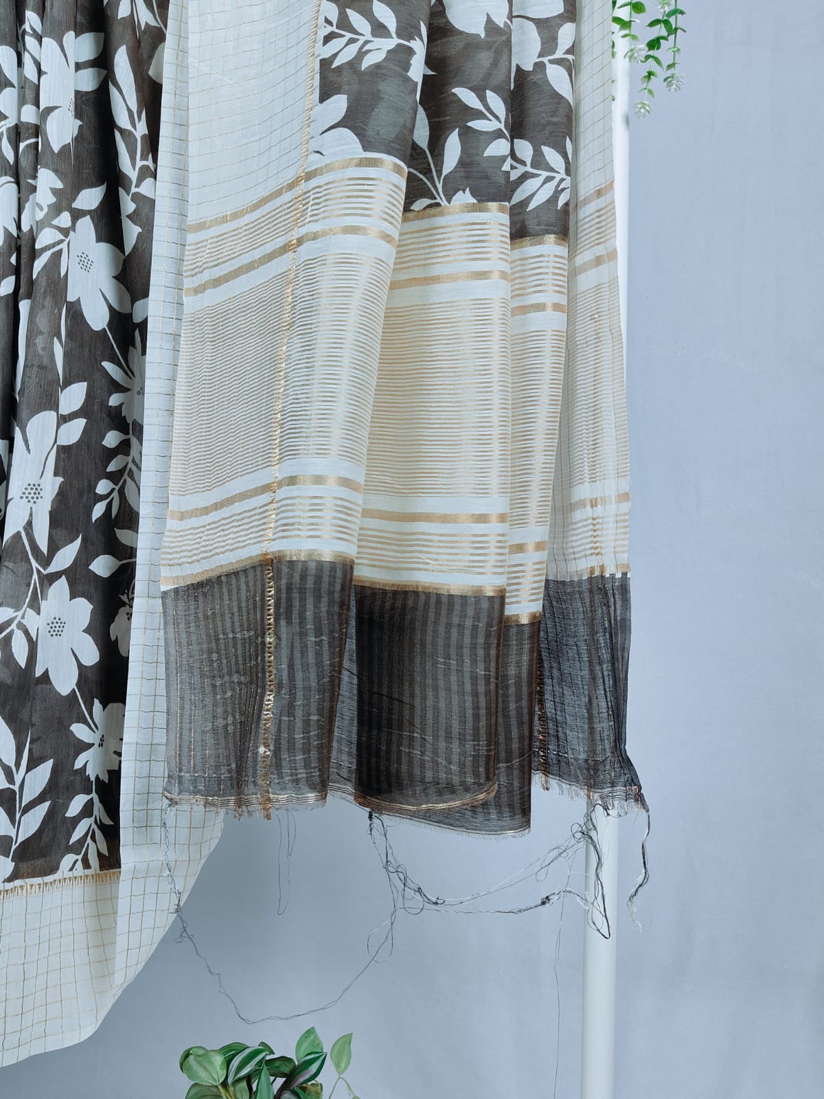 Pure viscose cotton with zari checks border-Grey