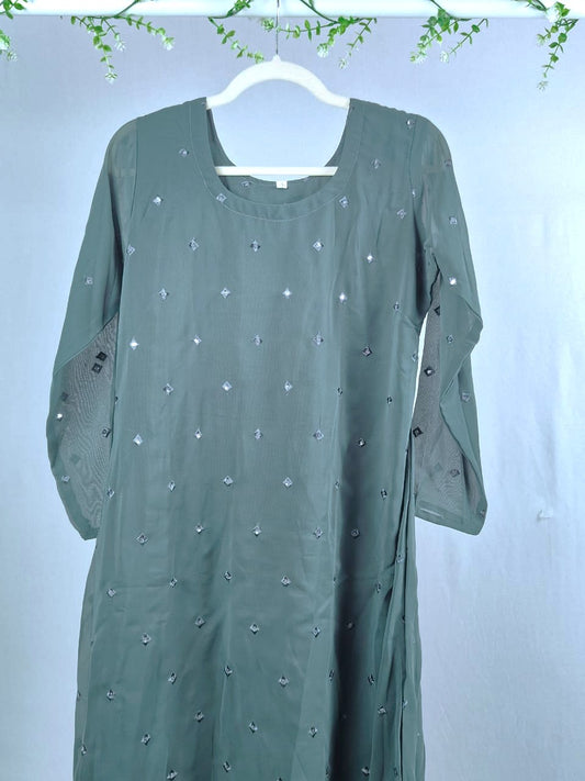 Grey Georgette A-line Kurti with Yoke work