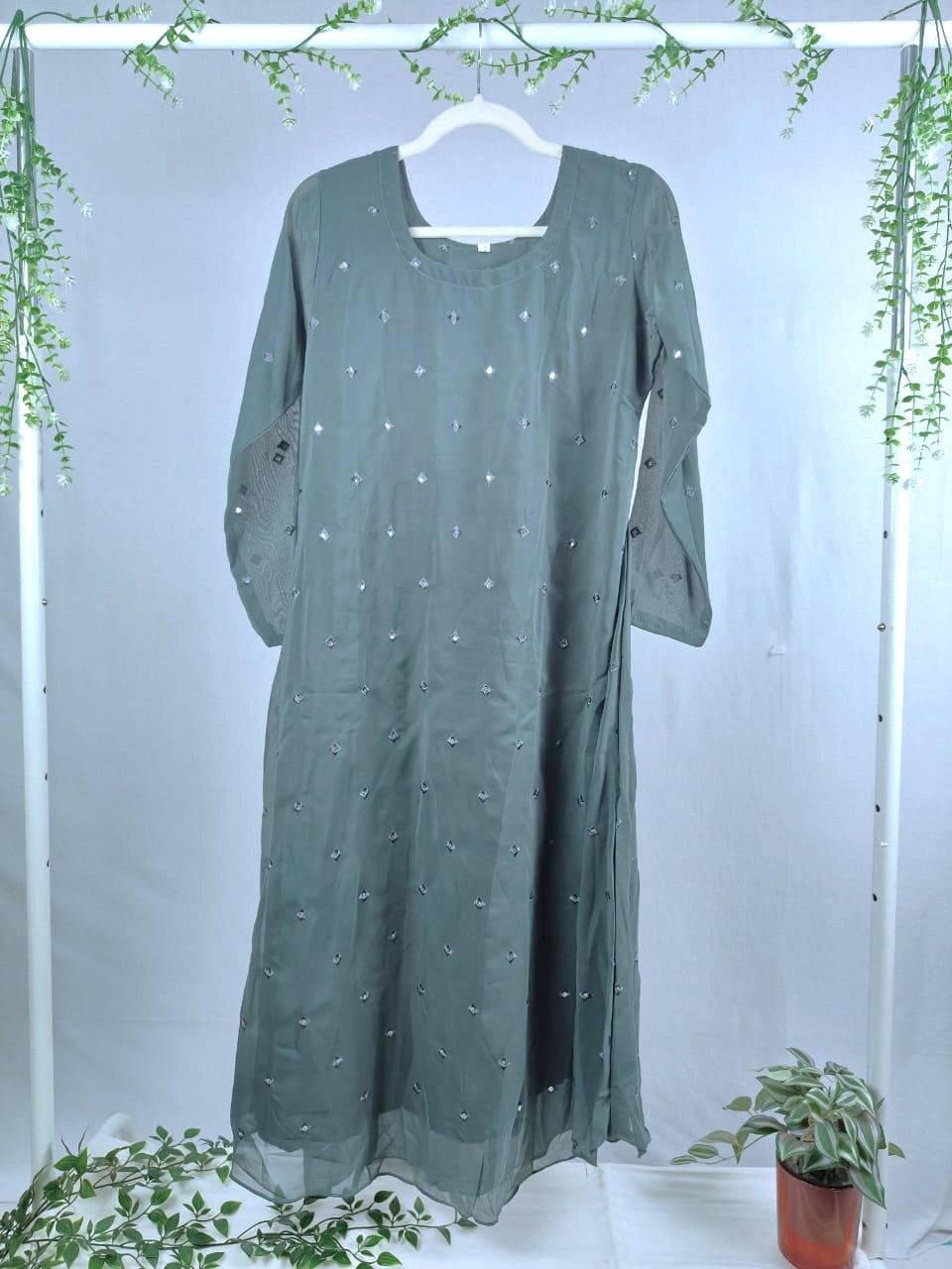 Grey Georgette A-line Kurti with Yoke work