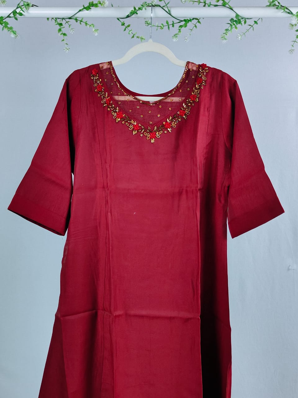 Maroon Coral Aline kurti with Jewel neck