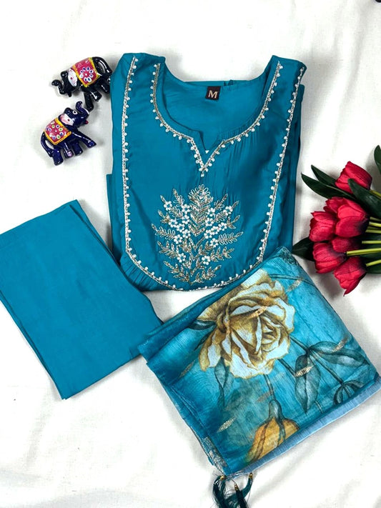 Mul Chanderi A-line Kurti Set with Yoke work - Blue